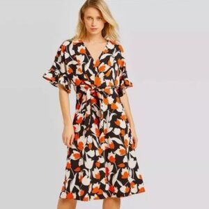 Who What Wear Midi Orange Black Cream Floral Front Tie Dress‎ Size 1X NWOT